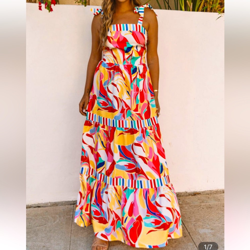 Multi color, abstract print striped trim, Maxi sundress NWOT
